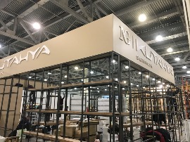 Стенд Kutahya, на Выставке Batimat в Крокус Экспо. Площадь стенда 210 кв.м. для производителей широкоформатной плитки Kutahya.